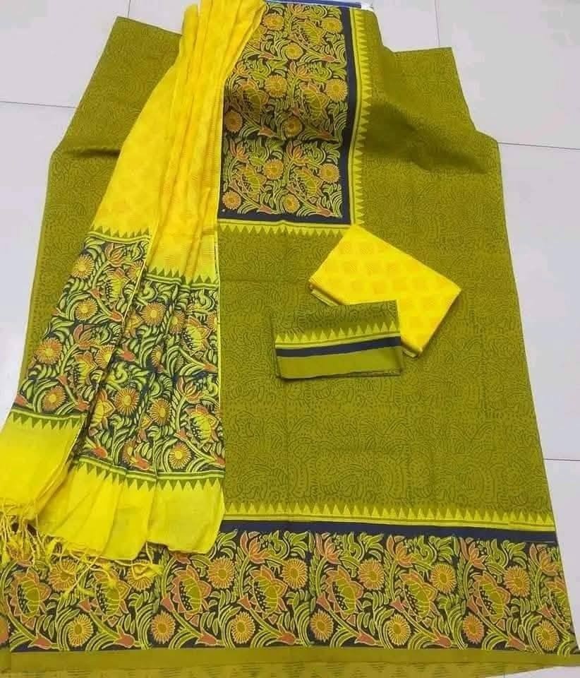 New Unstitched High Quality Cotton Block Print Three Piece For Women